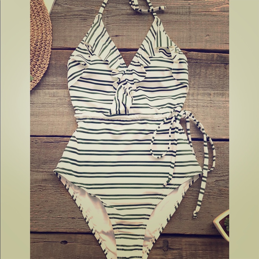 Green/White striped one piece swimsuit